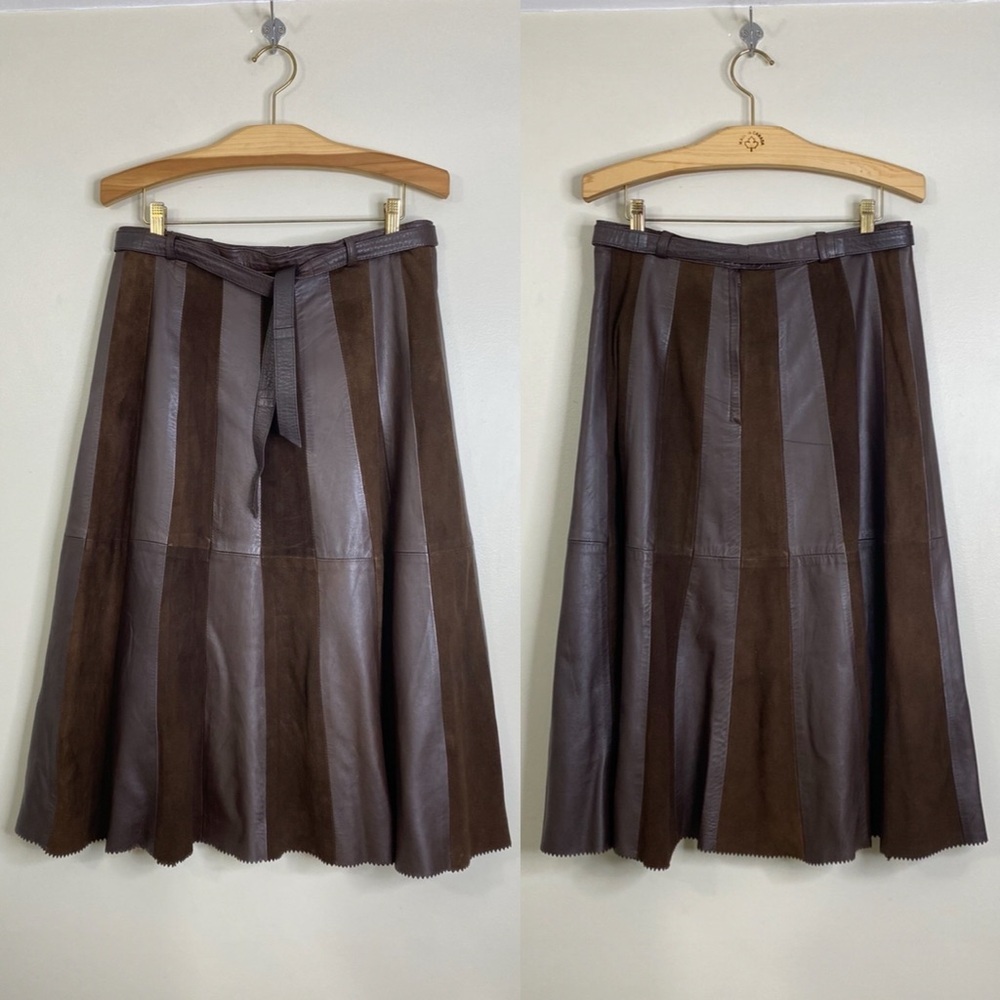 VINTAGE LEATHER SUEDE STRIPED ALINE SKIRT WITH MATCHING LEATHER TIE, ZIGZAG HEM